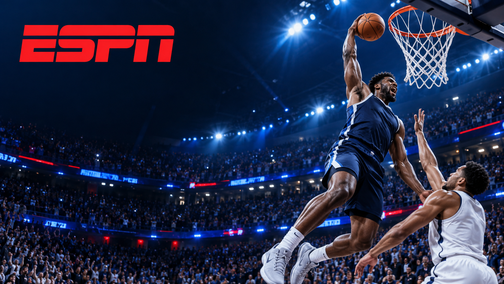 ESPN: jugada de básquet cerca del aro en una arena iluminada